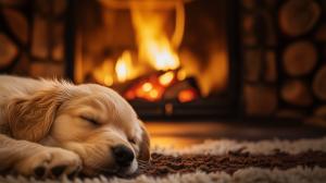 A sleeping golden retriever puppy by a warm fireplace on a cozy rug. 

