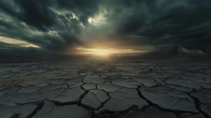 A dramatic landscape of cracked earth under a moody sky at sunset, evoking themes of desolation and climate change.