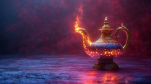 A glowing, ornate teapot with intricate designs and a mystical background.