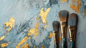 An artistic background featuring brushes against a textured blue and gold backdrop. 

