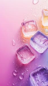 Colorful ice cubes on a gradient background evoke freshness and summer vibes. 

