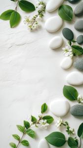 A serene arrangement of smooth stones and flowers on a textured white background.

