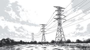 A black-and-white illustration of high-voltage power lines in a natural landscape.

