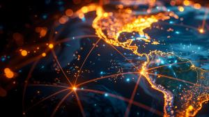A vibrant visualization of the Americas with glowing network connections against a dark background. 

