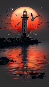 A lighthouse silhouetted against a vibrant sunset with seagulls flying above.

