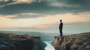 A man in a suit stands on a cliff, contemplating a vast landscape at twilight.

