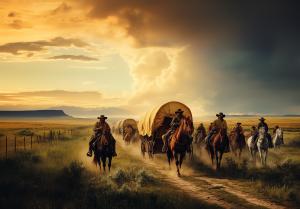 A group of cowboys with a covered wagon traveling through a scenic landscape at sunset.

