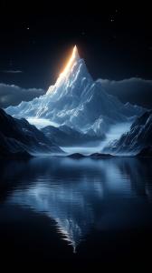 A serene mountain landscape at night with a glowing peak and reflective water.

