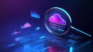 This image features a magnifying glass over a cloud icon, surrounded by colorful data visualizations, symbolizing cloud computing.

