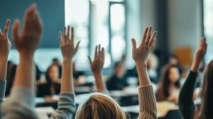 This image shows students raising their hands in a classroom, emphasizing participation and engagement. 

