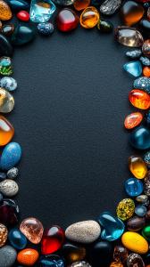 Colorful gemstones arranged on a dark background, perfect for framing presentation content. 

