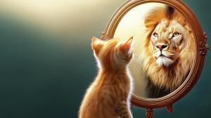 A kitten looks into a mirror, seeing a lion&#039;s reflection, symbolizing potential and inner strength.

