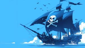 A vibrant illustration of a pirate ship sailing on a bright blue sea, featuring a skull and crossbones flag.


