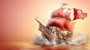 A dynamic pirate ship with red sails sailing through turbulent waters at sunset. 

