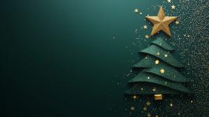 A festive Christmas tree design with a golden star and glittering decorations on a deep green background.

