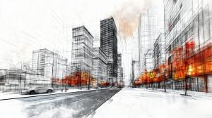 A stylized cityscape with modern buildings and autumn-colored trees, ideal for urban development presentations.

