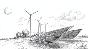 A hand-drawn illustration of solar panels and wind turbines in a sustainable landscape. 

