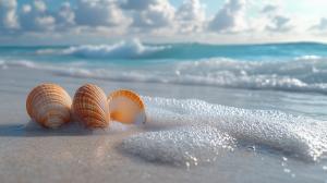 A serene beach scene with three orange and white seashells by gentle waves.

