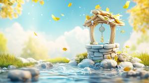 A whimsical stone well surrounded by greenery and floating leaves, creating a tranquil nature scene.