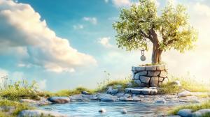 A tranquil scene featuring a tree growing from a stone well by a gentle stream under a bright sky.

