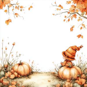 A whimsical autumn scene featuring a child and pumpkins, ideal for seasonal presentations. 

