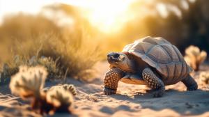 A tortoise walking in a warm, sandy landscape at sunset, showcasing nature&#039;s tranquility.


