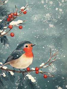 A winter scene featuring a colorful bird on a snowy branch with red berries. 

