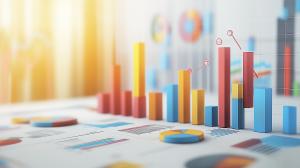 A colorful data visualization background featuring bar graphs and pie charts for business presentations.

