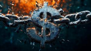 This image depicts a dollar sign breaking free from a chain, symbolizing financial freedom and empowerment. 

