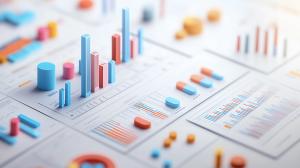 This image showcases colorful 3D graphs and charts on a light background, ideal for data presentations. 

