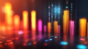 A colorful data visualization with vibrant bar graphs and light effects on a dark background.

