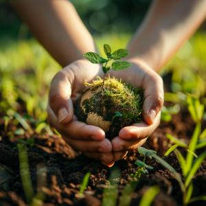 This image shows hands holding a moss-covered soil ball with a young plant, symbolizing growth and nurturing. 

