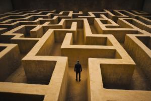 This image shows a person in a maze, symbolizing challenges and decision-making.


