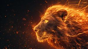 A glowing lion&#039;s head in vibrant orange and gold against a dark background, symbolizing strength and beauty.

