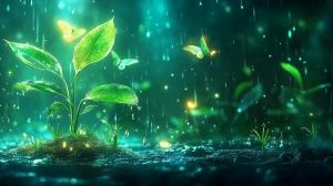 A serene scene of a young plant with butterflies in a rain-soaked environment, evoking growth and tranquility. 


