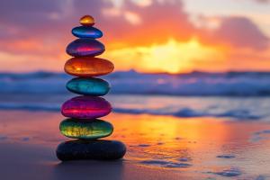 A stack of colorful glass stones against a vibrant sunset over the ocean.

