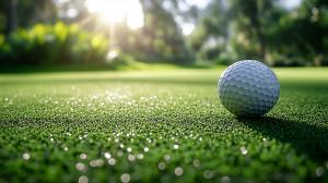A close-up of a golf ball on a sparkling green putting surface under soft sunlight.

