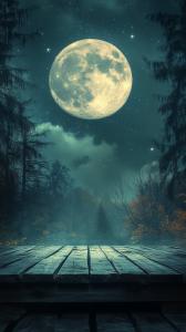 A tranquil night scene featuring a large moon and a wooden deck surrounded by trees.