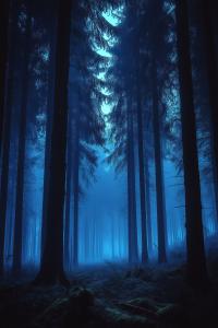 A misty blue forest scene with towering trees creating a mysterious atmosphere.