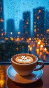 A cozy latte art scene with a rainy city backdrop, evoking warmth and comfort. 

