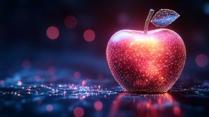 A glowing, digital apple with a network design against a blurred background, perfect for tech-themed presentations.

