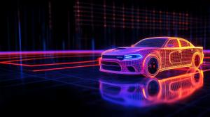 A neon wireframe car in a digital environment, perfect for tech and automotive presentations.

