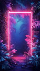 A vibrant jungle scene with neon pink light and a glowing rectangular frame creating a surreal atmosphere.

