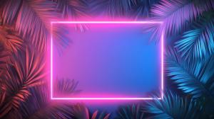 A colorful tropical background with neon leaves and a glowing frame. 

