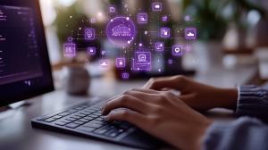 A close-up of hands typing on a keyboard with floating digital icons in purple, symbolizing technology and data management.

