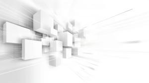 A modern abstract PowerPoint background with floating white blocks and a light gray backdrop.

