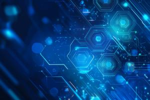 A vibrant blue digital background with hexagonal shapes and glowing lines, ideal for tech presentations.

