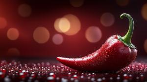 A glossy red chili pepper with water droplets on a blurred red background.

