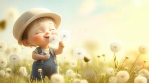 A cheerful child blowing dandelion seeds in a sunlit field, embodying joy and innocence.

