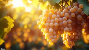 A close-up of sunlit grapes in a vineyard, showcasing their freshness and vibrant color. 

